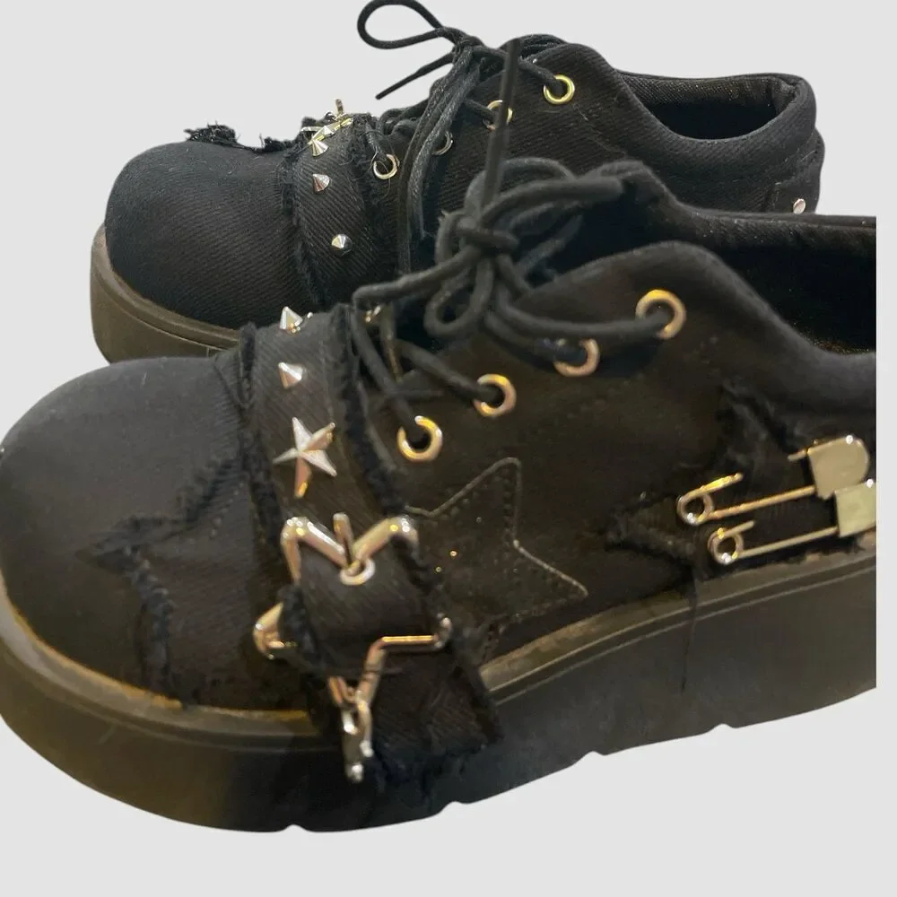 Y2K Star Print Chunky Platform Ankle Women Metal Chain Black Denim Shoes 6.5W 37
